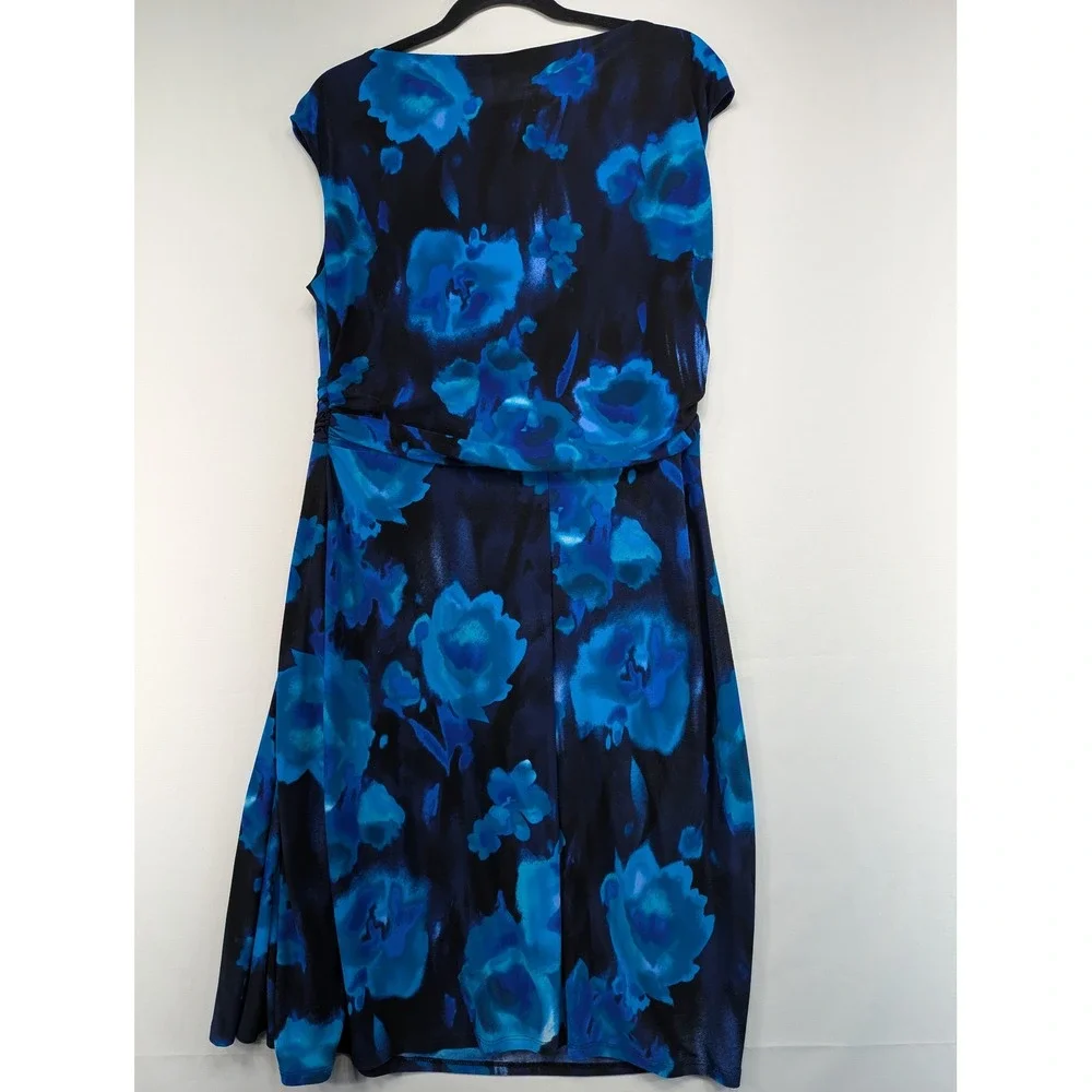 Chaps Blue Black‎ Floral Sleeveless Knee Length Dress XL Boat Neck Twist Front - Picture 2 of 6